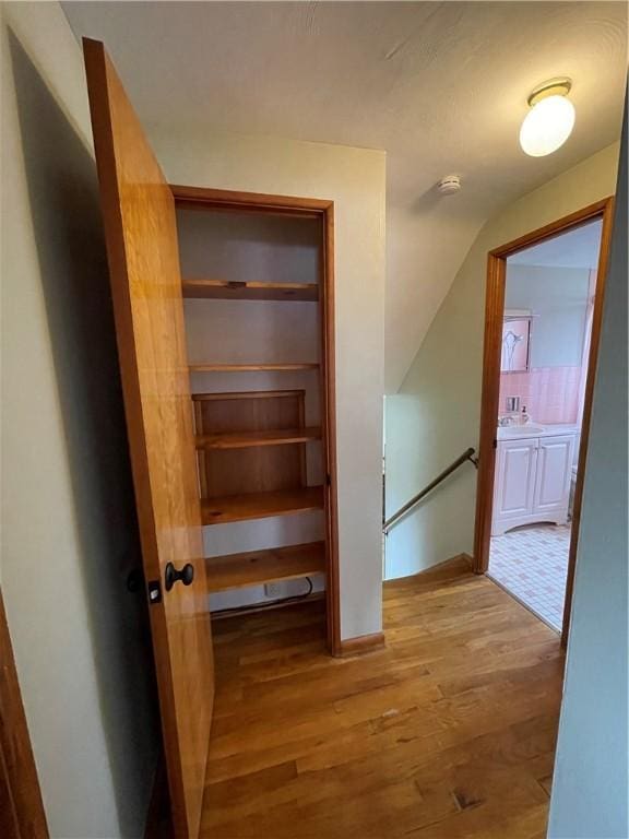 hall with lofted ceiling and hardwood / wood-style flooring