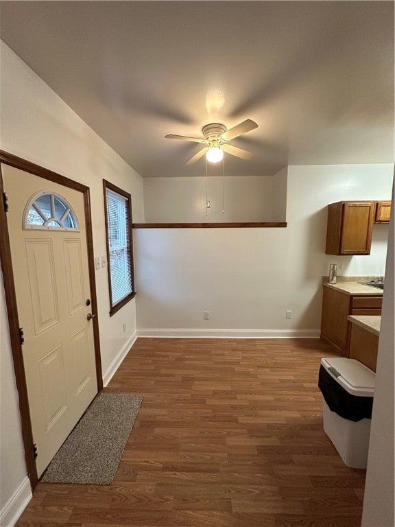 entrance foyer featuring ceiling fan and dark wood-type flooring