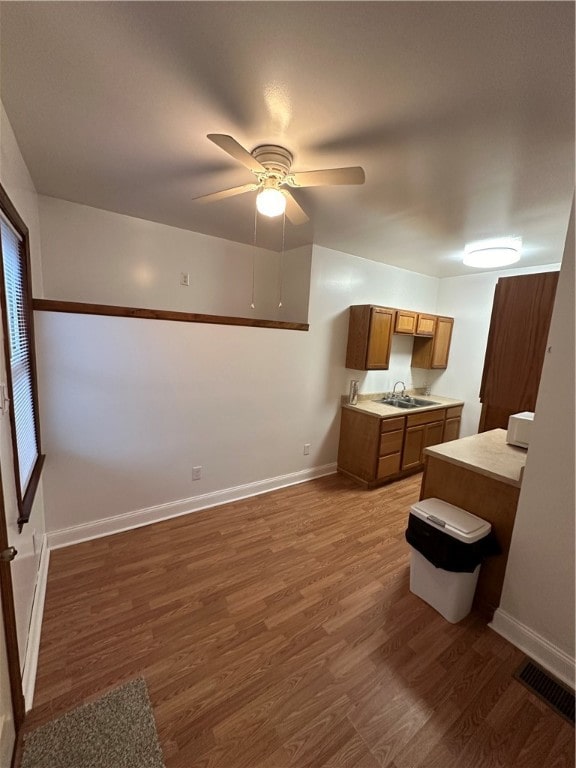 bathroom with ceiling fan, sink, and wood-type flooring