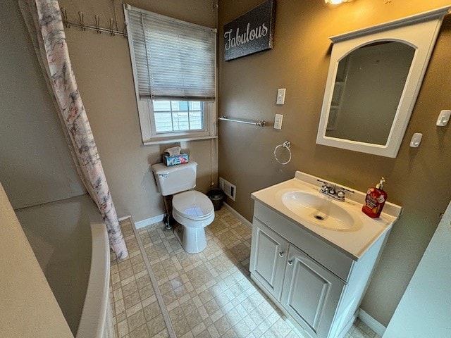 full bathroom featuring vanity, toilet, and shower / bathtub combination with curtain