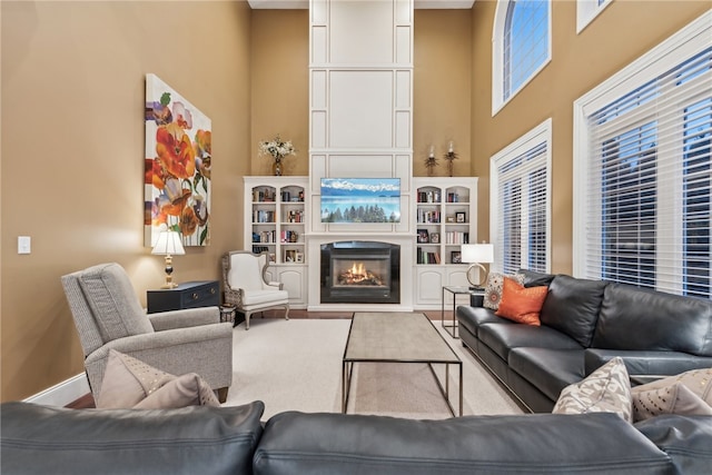 living room with a high ceiling