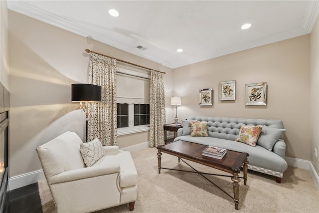 living room featuring carpet and ornamental molding