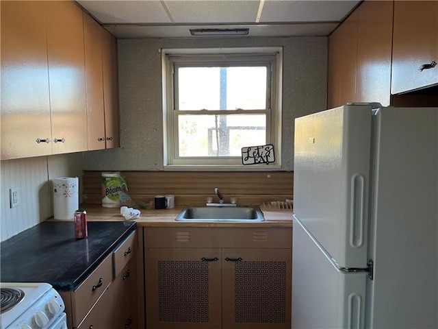 kitchen with white appliances, a drop ceiling, and sink