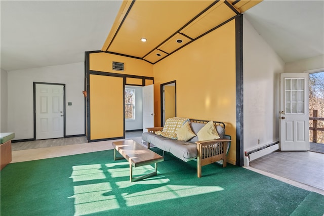 living room with baseboard heating, vaulted ceiling, and hardwood / wood-style flooring