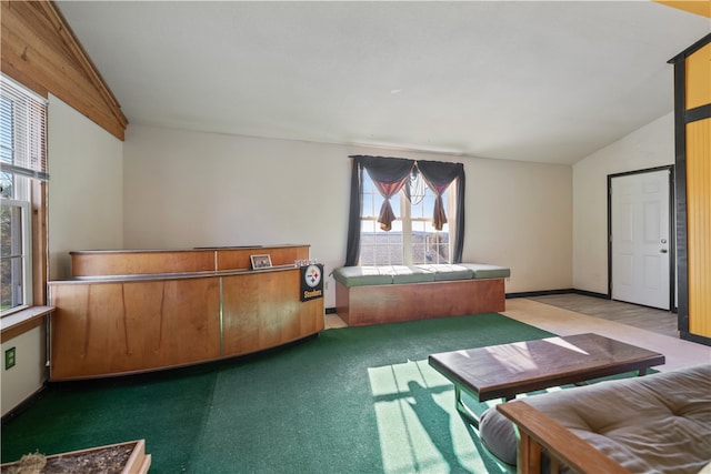 unfurnished bedroom with carpet flooring and lofted ceiling