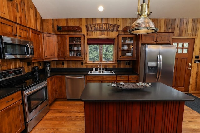 kitchen with wooden walls, a healthy amount of sunlight, sink, and appliances with stainless steel finishes