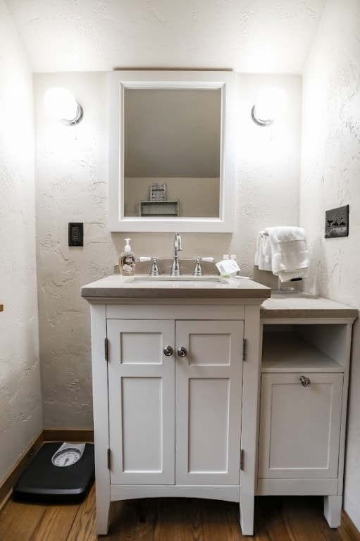 bathroom featuring vanity and wood-type flooring