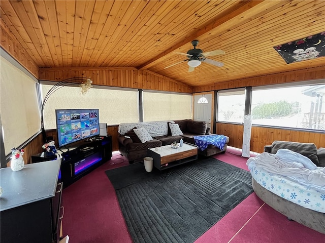 interior space featuring wooden ceiling, ceiling fan, and lofted ceiling with beams