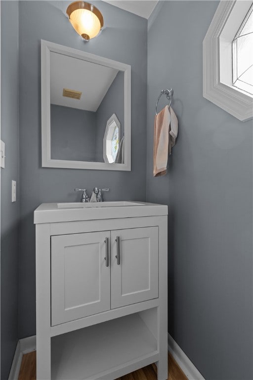 bathroom featuring hardwood / wood-style floors and vanity