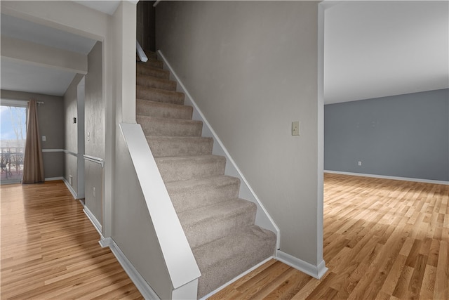 staircase with wood-type flooring