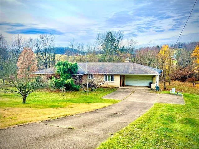 single story home featuring a front yard and a garage