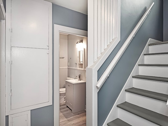 stairway with hardwood / wood-style floors