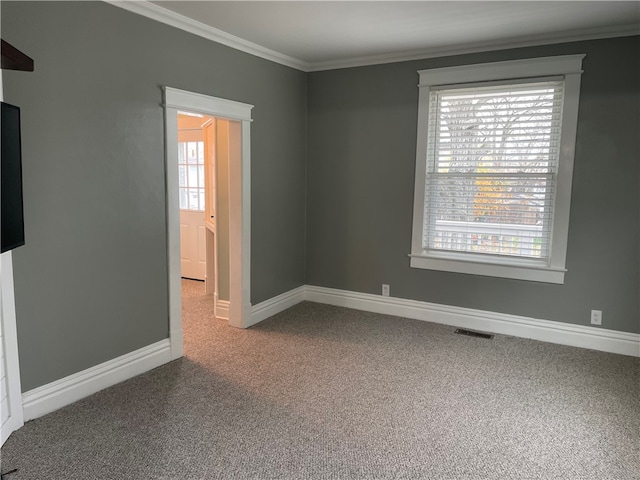 carpeted spare room featuring a healthy amount of sunlight and crown molding