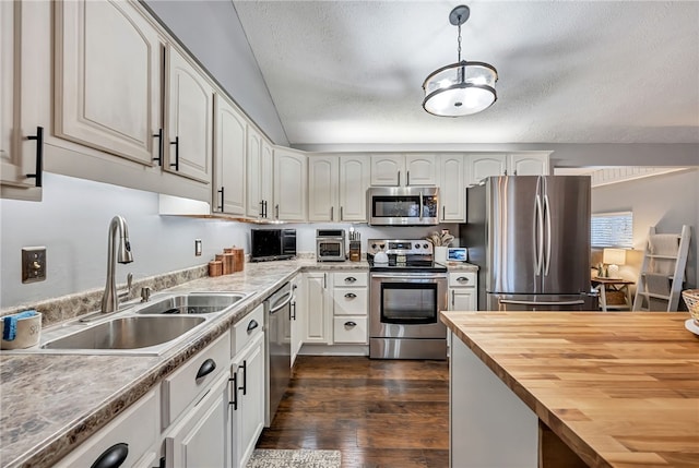 kitchen featuring sink, dark hardwood / wood-style flooring, butcher block countertops, decorative light fixtures, and appliances with stainless steel finishes