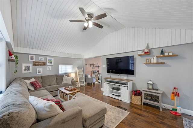 living room featuring dark hardwood / wood-style floors, ceiling fan, lofted ceiling, and wooden ceiling