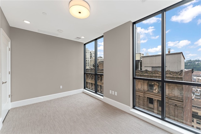 spare room featuring light colored carpet and a wall of windows