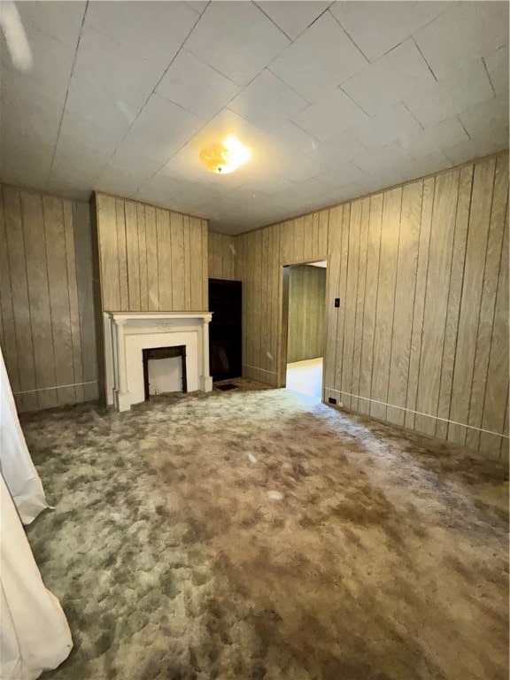 basement with wood walls and carpet floors