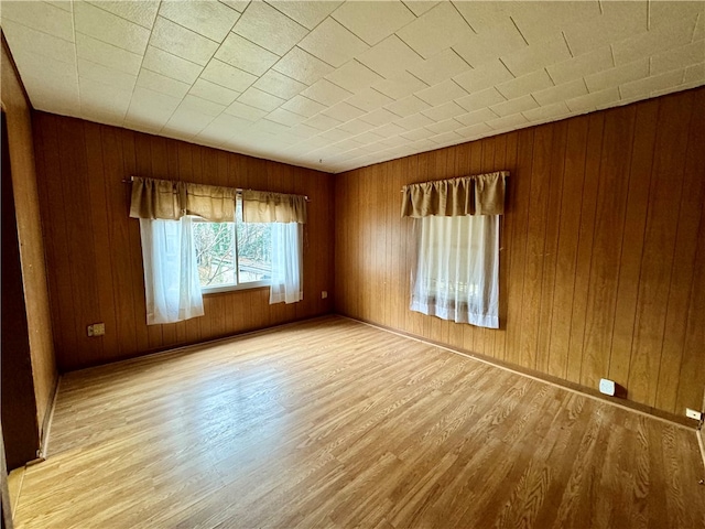 empty room featuring wooden walls and light hardwood / wood-style flooring