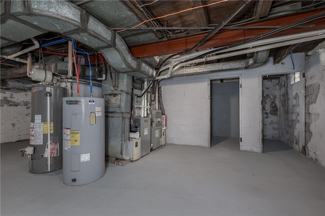 basement with heating unit and water heater