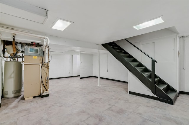 basement with heating unit and water heater