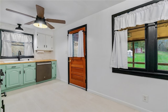 kitchen featuring dishwasher, backsplash, sink, ceiling fan, and white cabinetry