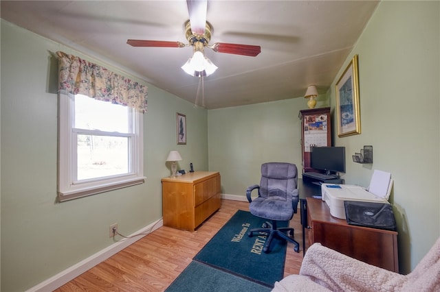 home office with ceiling fan and light hardwood / wood-style floors