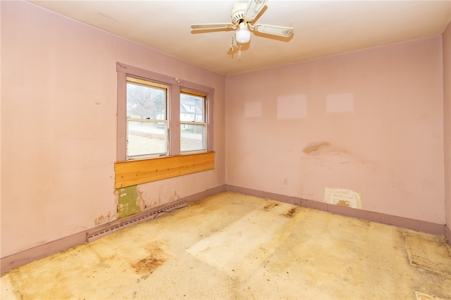 unfurnished room with a baseboard radiator and ceiling fan