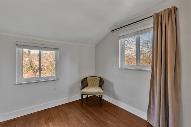 living area featuring hardwood / wood-style floors, vaulted ceiling, and plenty of natural light