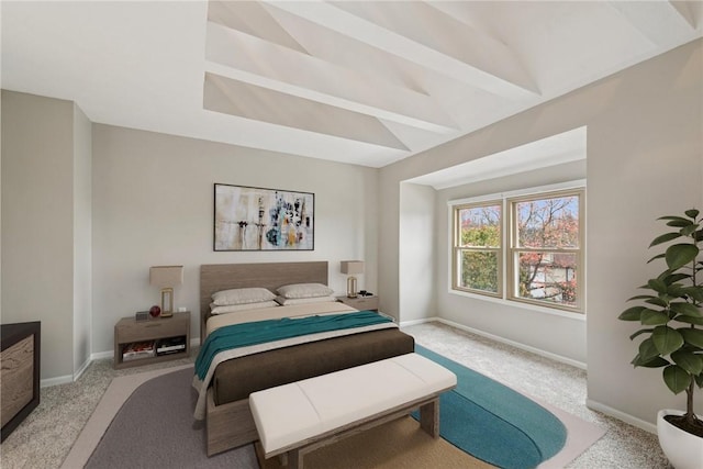 carpeted bedroom featuring vaulted ceiling with beams