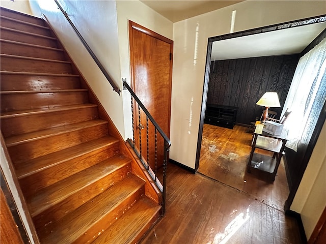 stairway featuring hardwood / wood-style floors and wooden walls