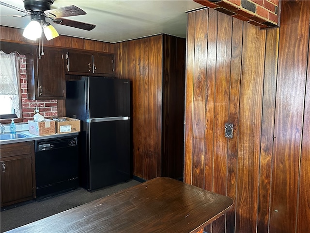 kitchen with black appliances, ceiling fan, dark brown cabinets, and sink