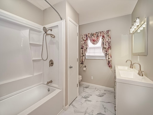 full bathroom featuring washtub / shower combination, vanity, and toilet