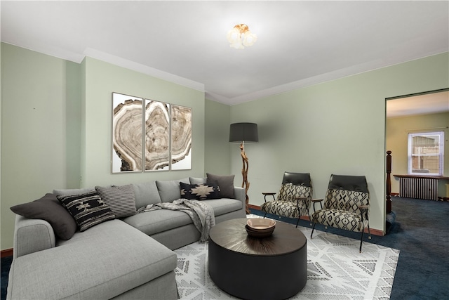 living room with carpet, radiator heating unit, and ornamental molding