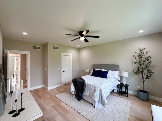 bedroom featuring ceiling fan and light wood-type flooring