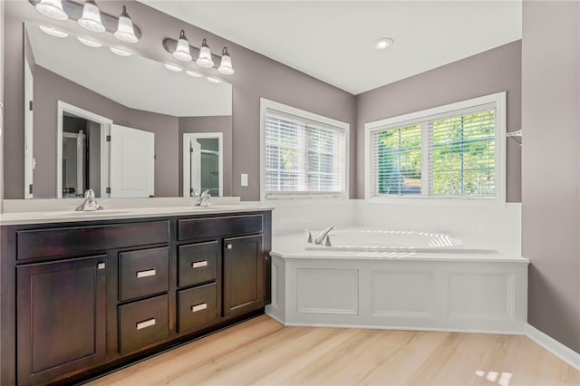 bathroom featuring a tub to relax in, hardwood / wood-style floors, and vanity