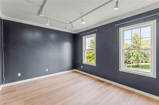 empty room with light wood-type flooring, rail lighting, plenty of natural light, and ornamental molding