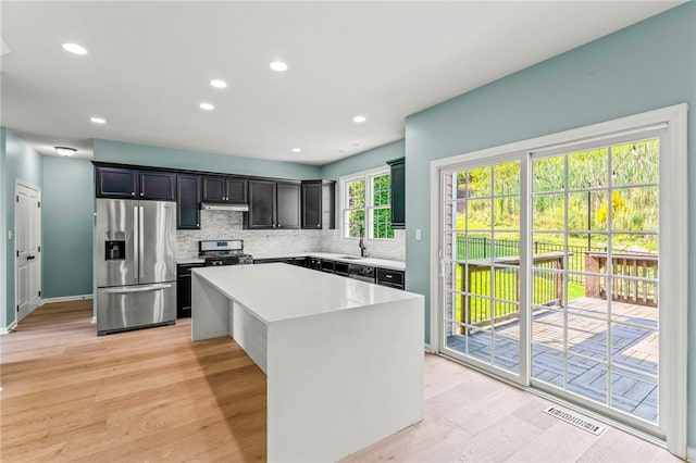 kitchen with light wood-type flooring, a center island, stainless steel appliances, and backsplash