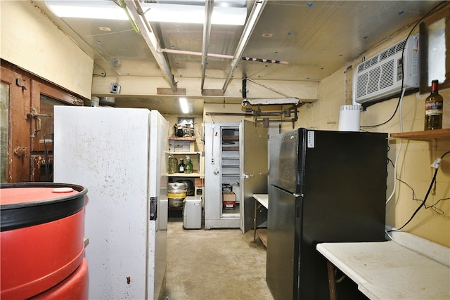 interior space featuring a wall mounted AC, black refrigerator, and white fridge