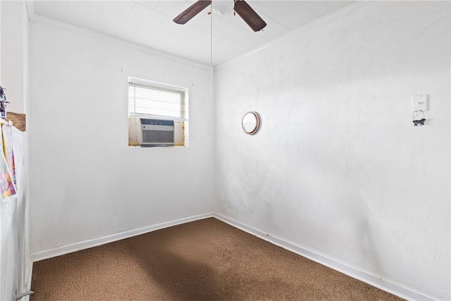 carpeted spare room with cooling unit, crown molding, and ceiling fan