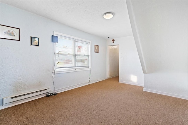 unfurnished room featuring carpet flooring, a textured ceiling, and a baseboard radiator