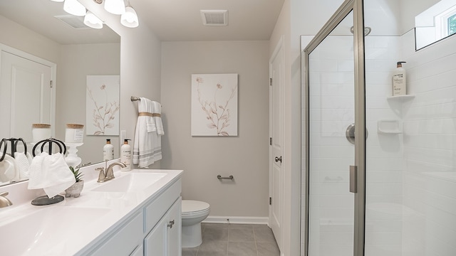 bathroom featuring tile patterned flooring, vanity, toilet, and a shower with shower door