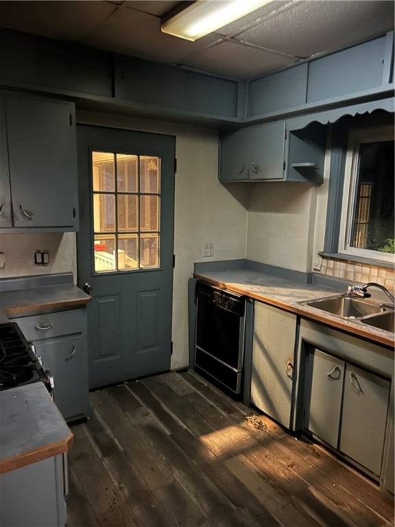 kitchen with range, sink, dark hardwood / wood-style floors, and black dishwasher