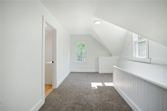 additional living space with lofted ceiling and light carpet