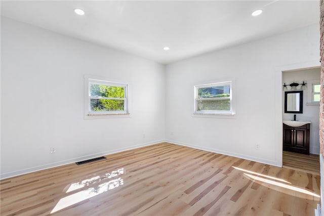 unfurnished room with light wood-type flooring, a wealth of natural light, and sink