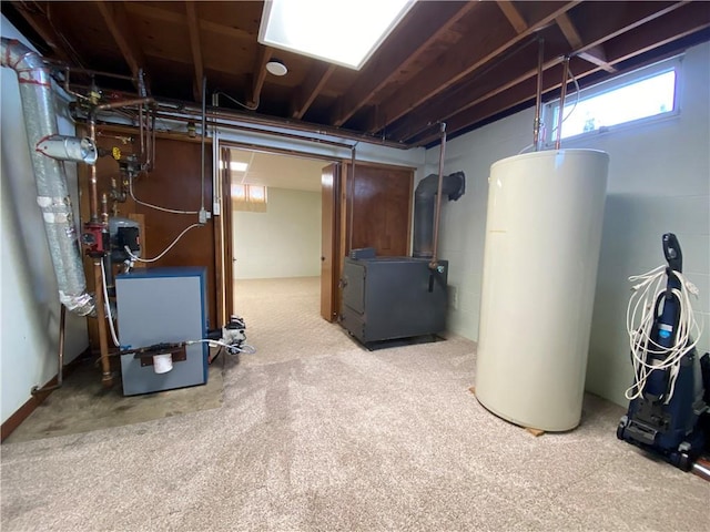 3240 E Lake Rd, Shenango, PA 16134 - below grade area with water heater, carpet flooring, and a heating unit