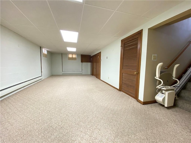 3240 E Lake Rd, Shenango, PA 16134 - finished below grade area with a baseboard radiator, carpet floors, a drop ceiling, and baseboard heating