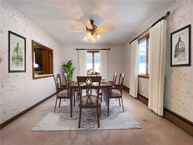 3240 E Lake Rd, Shenango, PA 16134 - carpeted dining area featuring healthy amount of natural light, a baseboard radiator, ceiling fan, and wallpapered walls