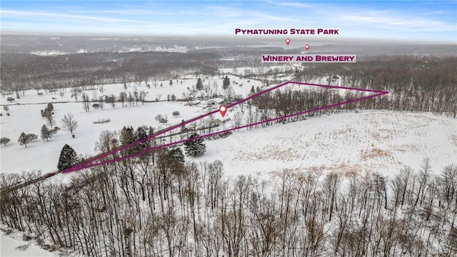 3240 E Lake Rd, Shenango, PA 16134 - snowy aerial view featuring property parcel outlined