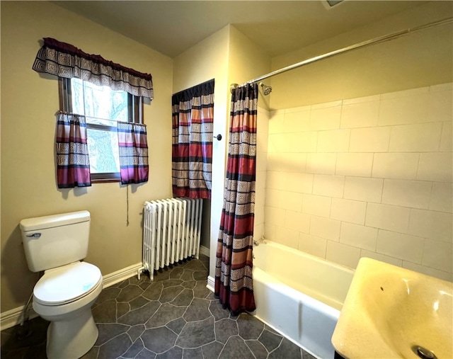 bathroom featuring toilet, radiator heating unit, shower / bathtub combination with curtain, and tile patterned flooring