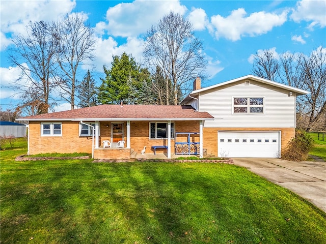 view of front of home with a porch, a garage, and a front lawn